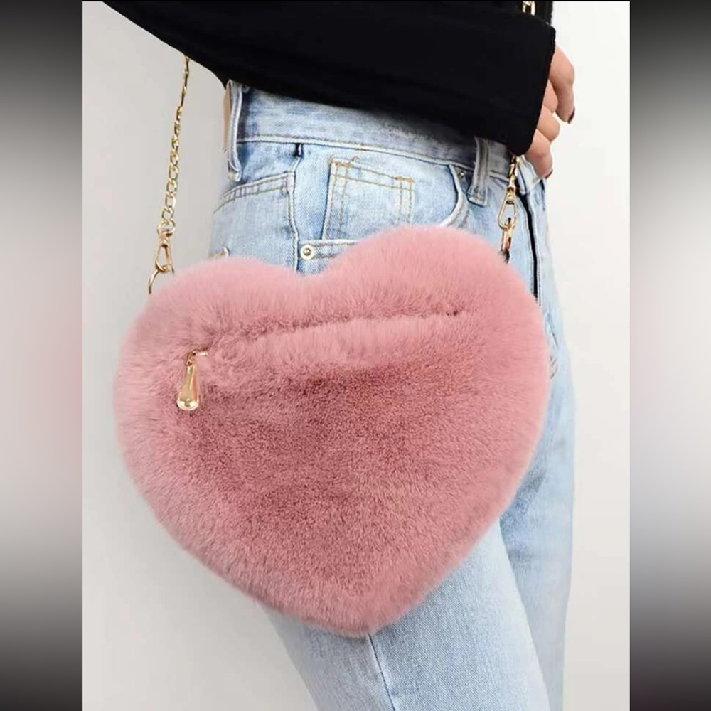 Pink Heart Crossbody Purse, Fuzzy Pink Heart Crossbody, Valentines Day Purse